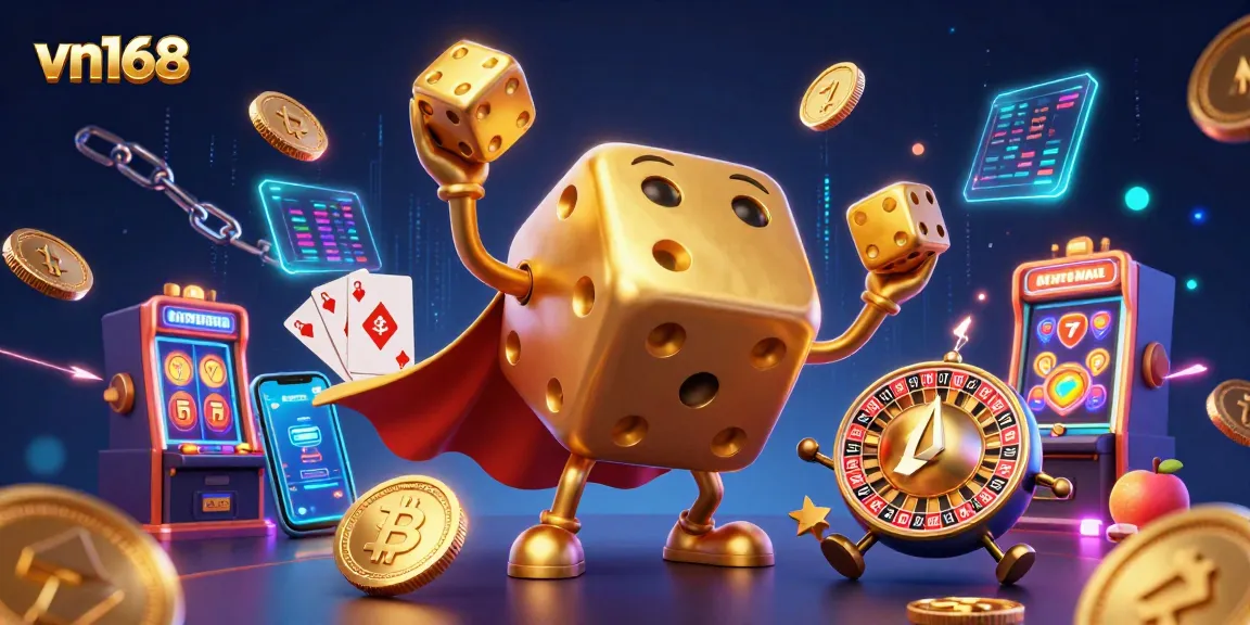 Engage with exciting VN168 casino experiences through vibrant animations of the golden dice golem juggling coins.