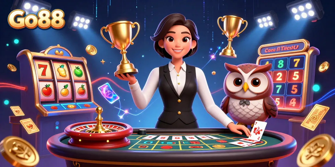 Experience the excitement at Go88 with a dynamic illustration of a modern baccarat table featuring charming dealers and game elements.