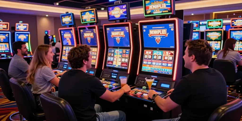 Players celebrating potential slot jackpot wins at modern casino machines.