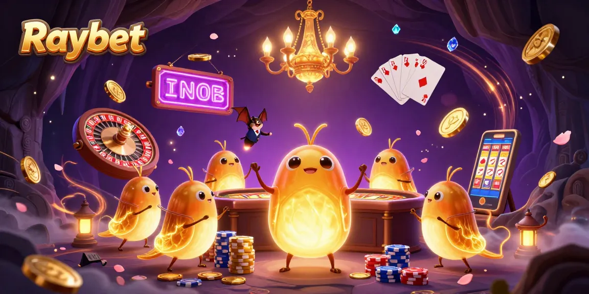 Raybet casino shines with vibrant glowworms lighting a dynamic gaming scene filled with coins and gems.