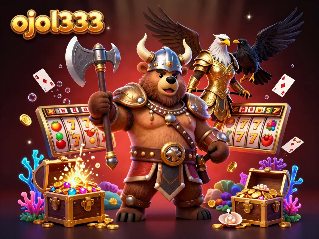 Experience thrilling gameplay with ojol333's vibrant 3D Viking-themed casino scene, showcasing exciting slot elements.