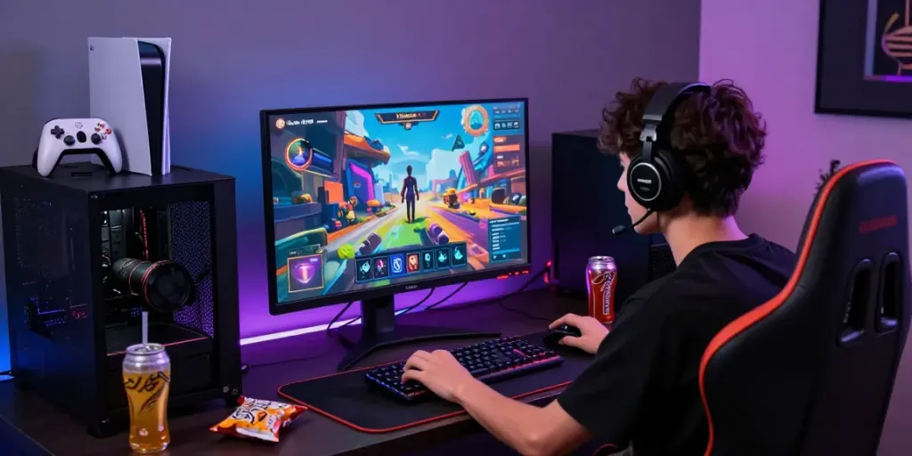 Seorang gamer bermain diana4d dengan penuh fokus di PC gaming, dikelilingi aksesoris permainan yang menarik.