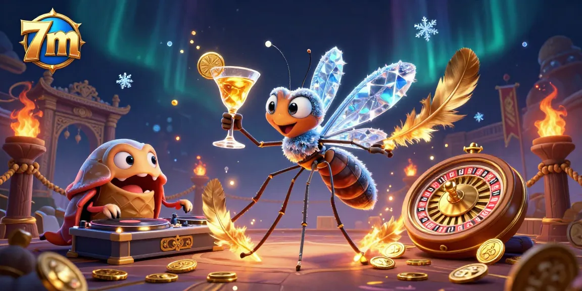 Spin and win with 7m at the vibrant casino scene featuring a frozen mosquito mascot and golden roulette.