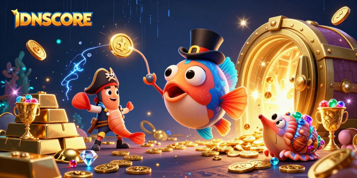 IDNSCORE players winning big with gold coins and treasure in a vibrant underwater casino scene