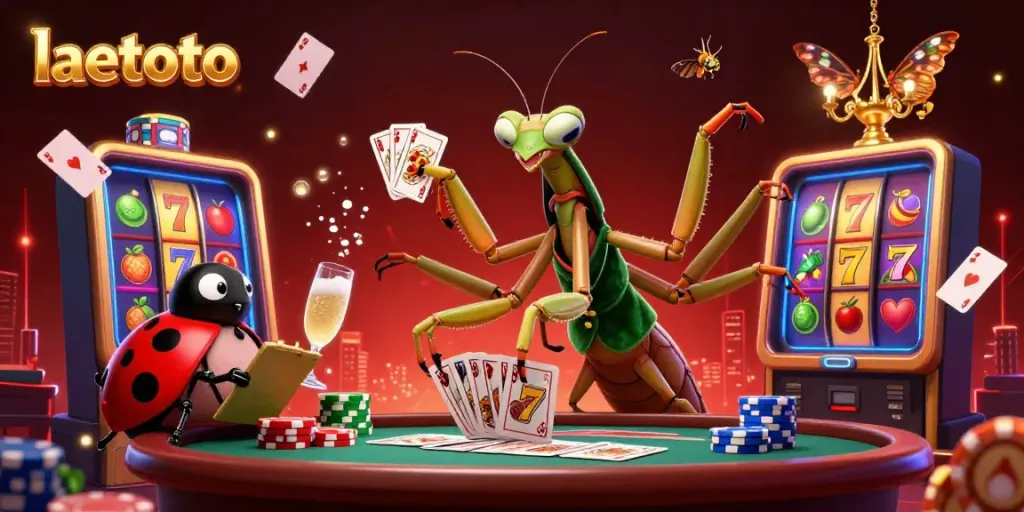 Permainan laetoto di kasino dengan karakter 3D kartun berinteraksi di lingkungan yang meriah.