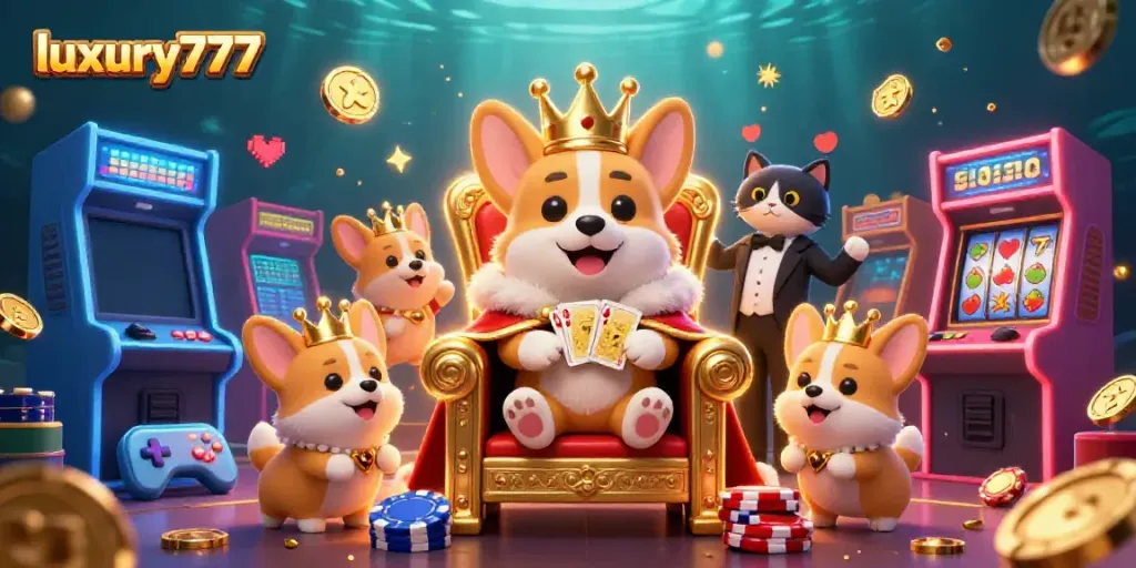 Experience the excitement of luxury777 with a royal corgi on a poker chip throne amidst vibrant gaming elements.
