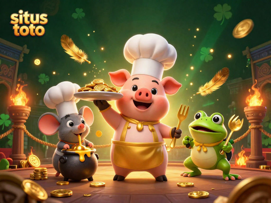 Memenangkan pengalaman bermain di situs toto dengan tampilan karakter memasak dan elemen berkilau.