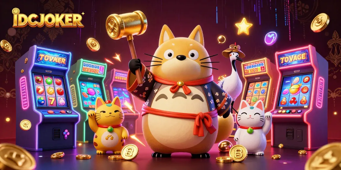 IDCJOKER showcases a lively casino scene with cheerful characters and gaming elements like slot machines.