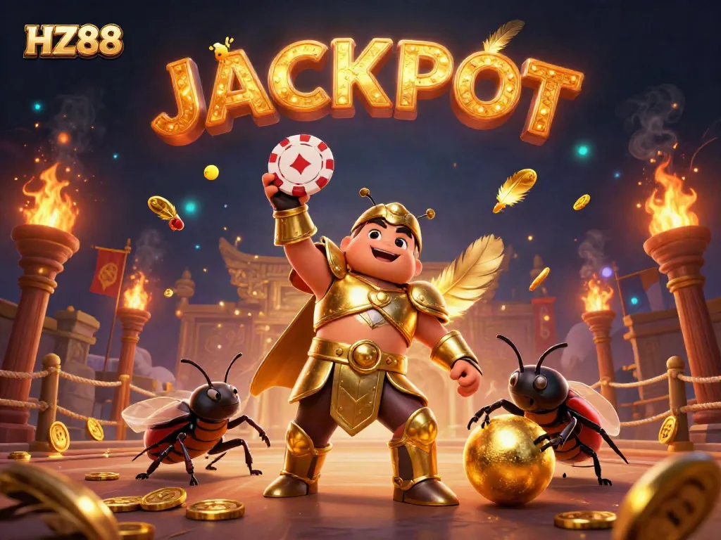 Engage with HZ88 in a dynamic casino illustration showcasing a victorious beetle with gaming elements.