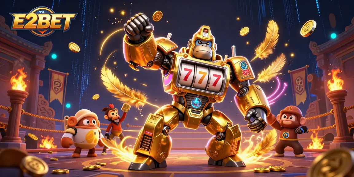 E2BET transforms the gaming experience, showcasing a golden gorilla mech amidst action-packed elements.