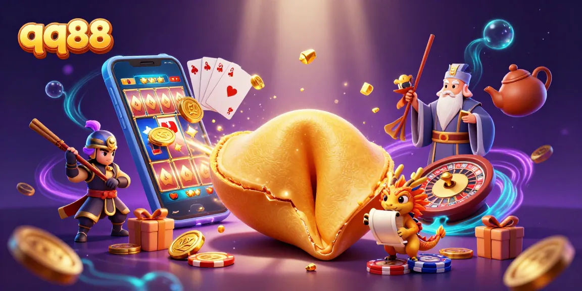 Engage with qq88's vibrant casino world, showcasing a golden fortune cookie with dynamic gaming elements.