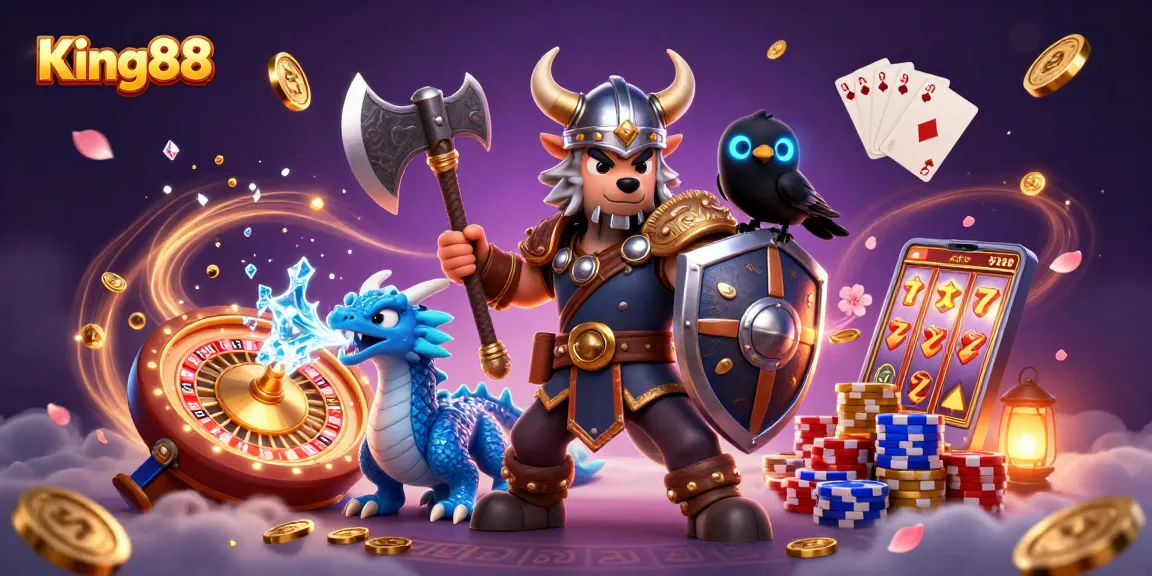 Experience thrilling wins at King88 with a Viking wolf warrior, dragon, and casino elements!