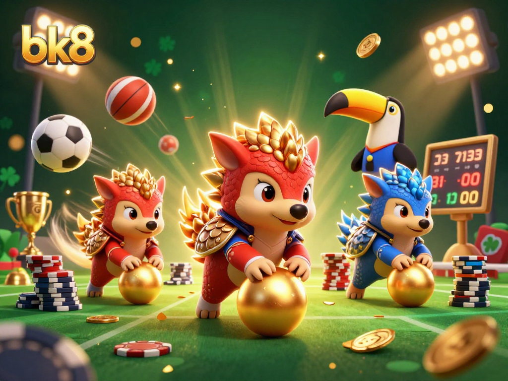 Watch the bk8 pangolins engage in a thrilling gambling showdown with sports balls and poker chips.