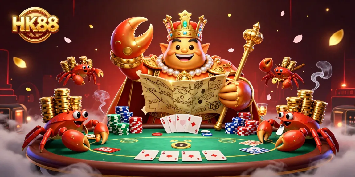 Engage with HK88's casino adventure featuring a golden crab emperor and vibrant poker elements.
