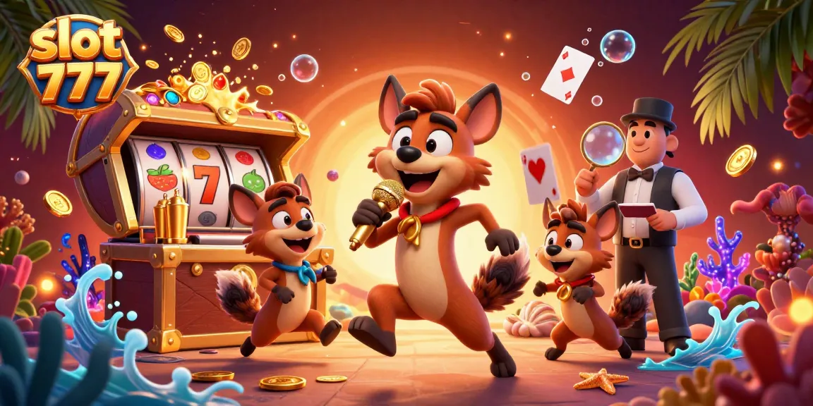 Experience lively excitement with slot 777 as hyena comedians entertain in a vibrant casino setting.