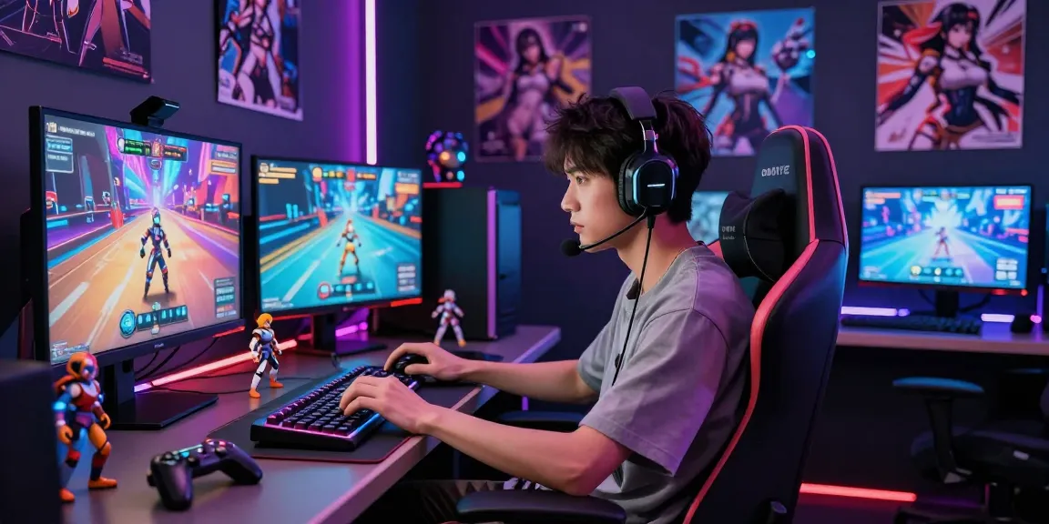 Engaging character playing an android hentai game in a colorful digital gaming space.