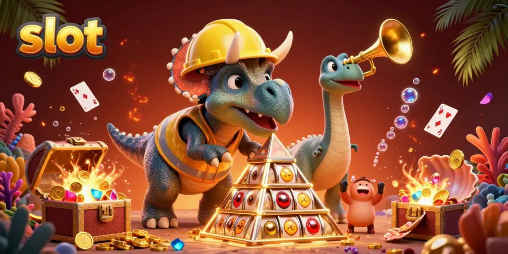 Slot mesin dan dinosaurus berwarna cerah membangun tumpukan chip poker di bawah lautan harta