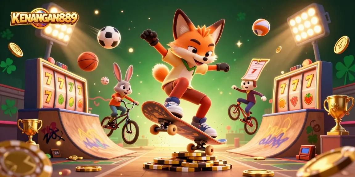 Experience the excitement of KENANGAN889 with a fox doing tricks over golden chips amidst vibrant casino elements.