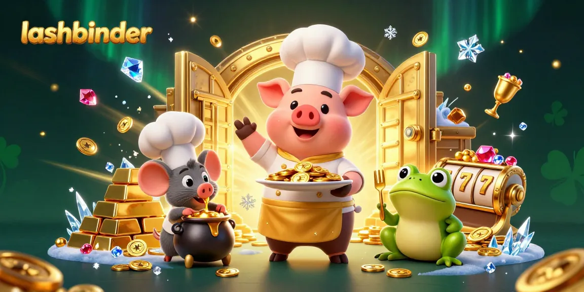 Experience exciting games with lashbinder as chef pig serves golden coins in this vibrant casino scene.