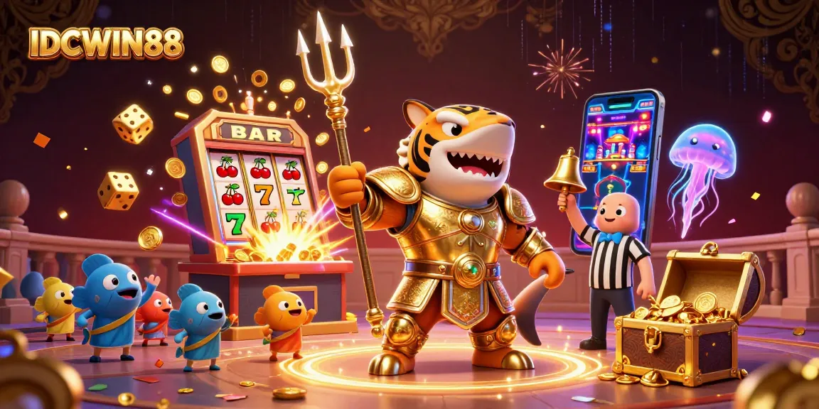 Engage in thrilling gameplay at IDCWIN88 with the vibrant underwater casino scene featuring a golden shark and a jackpot