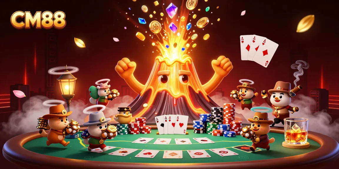 CM88 showcases a vibrant 3D volcano erupting treasure amidst an exciting poker scene.