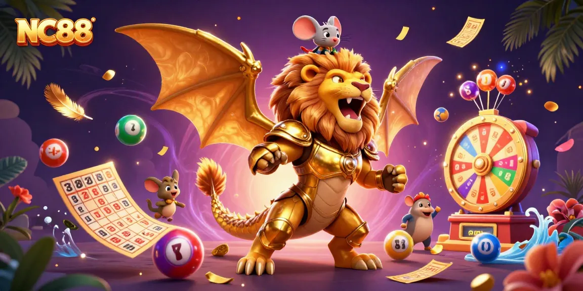 Engage in exciting lottery activities with immersive NC88 casino illustration featuring a triumphant chimera.