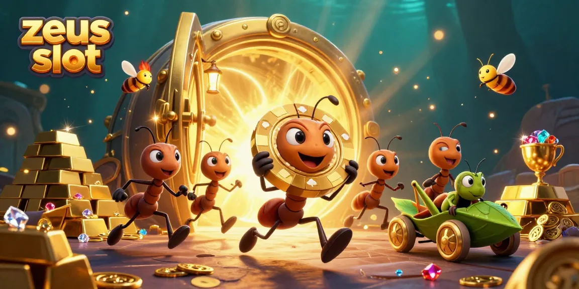 Experience the thrill of zeus slot with dynamic ants heisting a giant poker chip amidst treasure