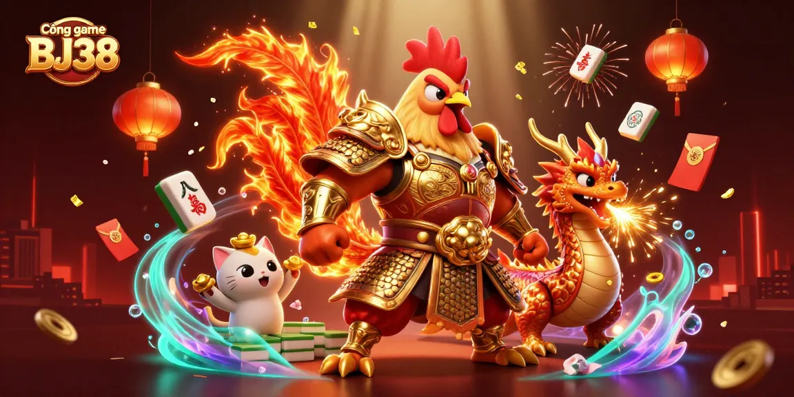 Cổng game BJ38 features a powerful samurai rooster, armored dragon, and fortune cat in a festive casino scene.