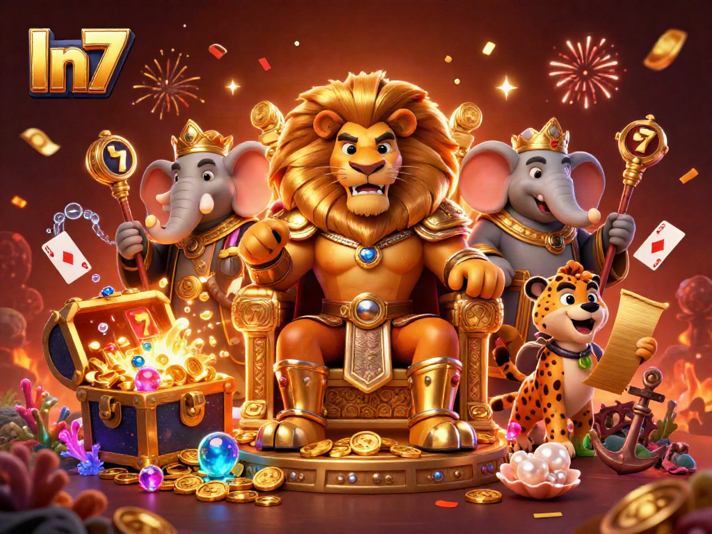 In7 winning strategies showcased with a fierce lion king and energetic casino elements.