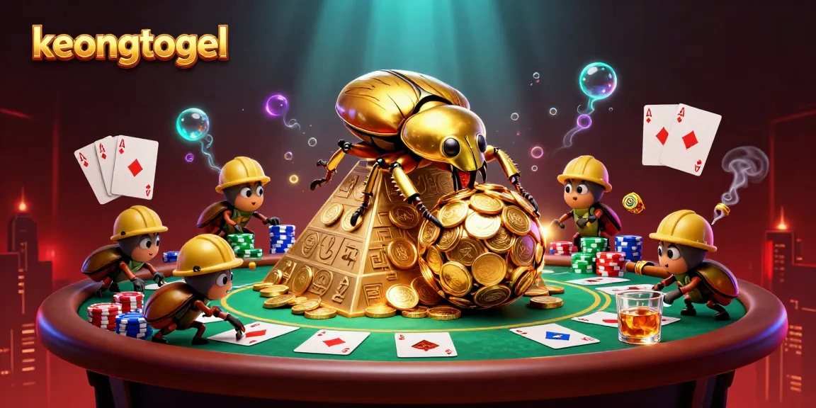 Spin to win at KEONGTOGEL, featuring golden beetles and vibrant poker elements in a dynamic casino scene.