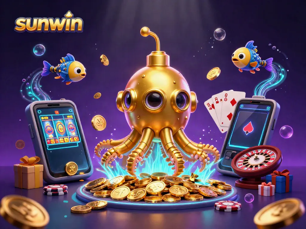 Experience thrilling gameplay as sunwin's golden kraken submarine emerges amid shimmering coins and dynamic slots.