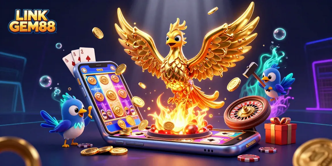 Spin to win with LINK GEM88 as a golden phoenix emerges from a forge, surrounded by dynamic casino elements.