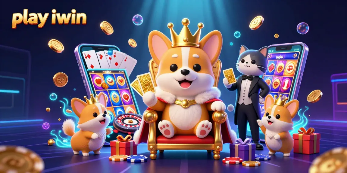 Play iwin with a royal corgi on a poker chip throne while a cat butler presents card games.