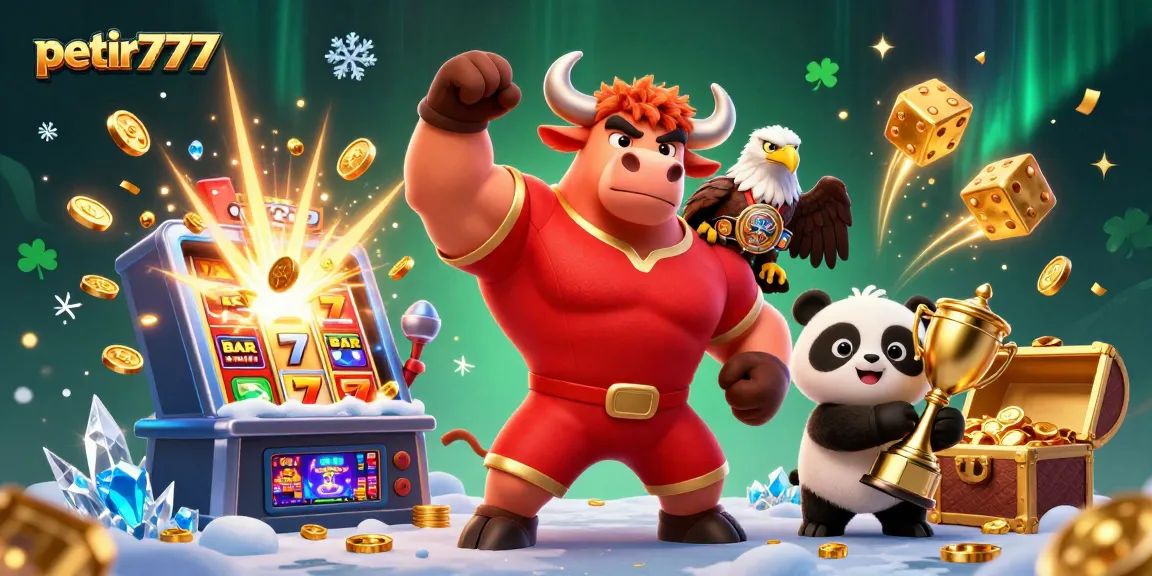 Unleash your luck with petir777 in this vibrant casino scene featuring a jubilant bull mascot, eagle, and panda amidst jackpot elements.