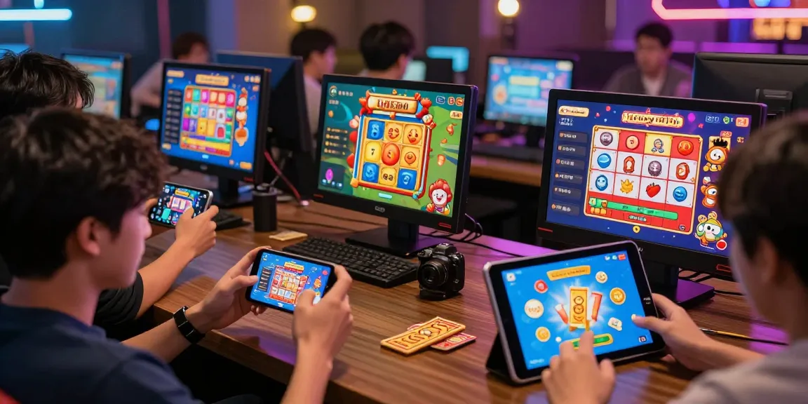 Engaged players enjoying jaiclub online gaming app on their devices with colorful game interfaces and dynamic rewards.
