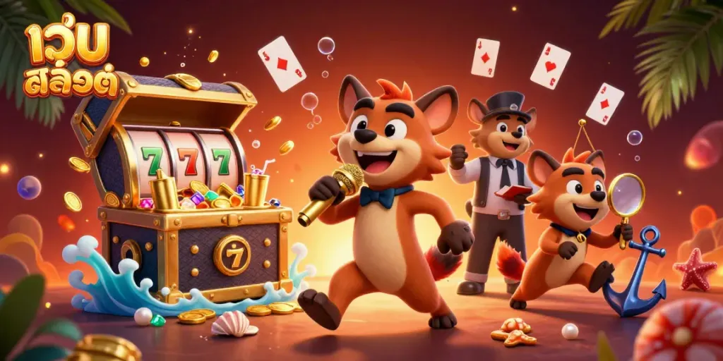 Engage with เว็บสล็อต in an animated comedy casino scene featuring lively hyenas, slot machines, and vibrant casino elements.