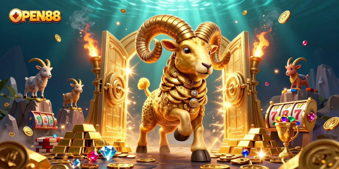 OPEN88 showcases an animated golden ram charging through a treasure vault, symbolizing excitement and wins in slots.