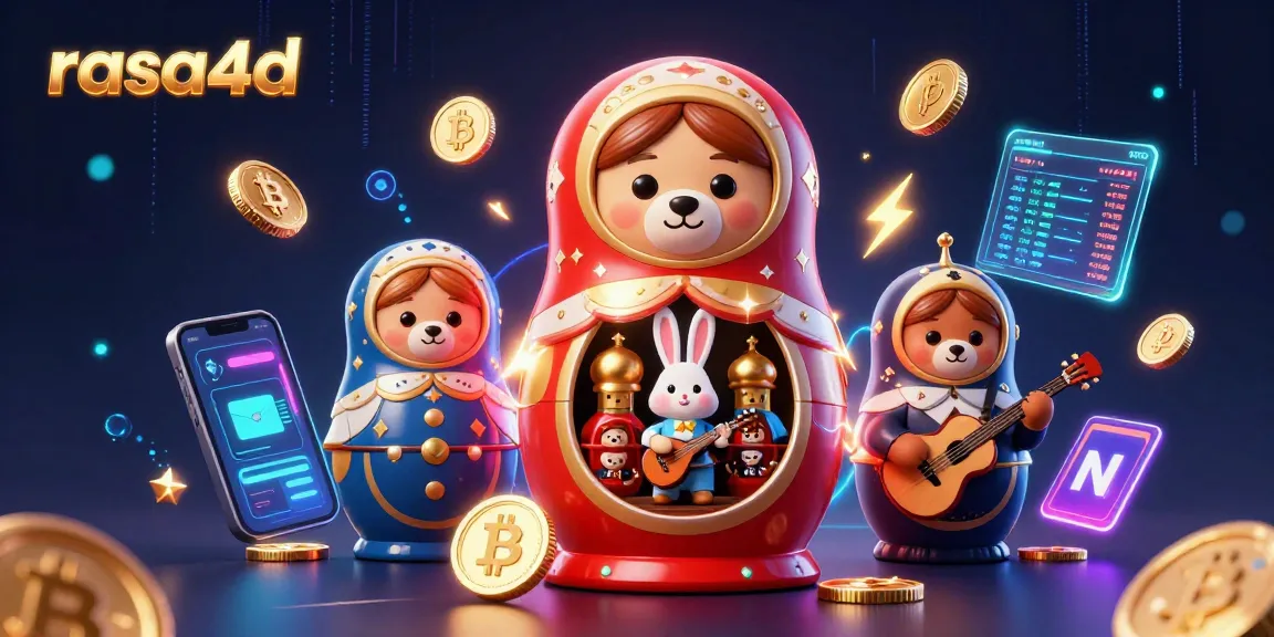 Rasa4d menampilkan boneka Matryoshka dengan dealer kasino, dikelilingi koin Bitcoin dan Ethereum.
