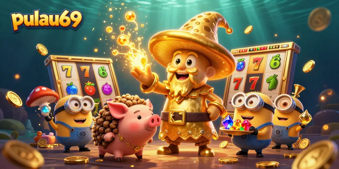 Experience the magic of pulau69 as the golden mushroom wizard conjures wins with slot reels and treasures.