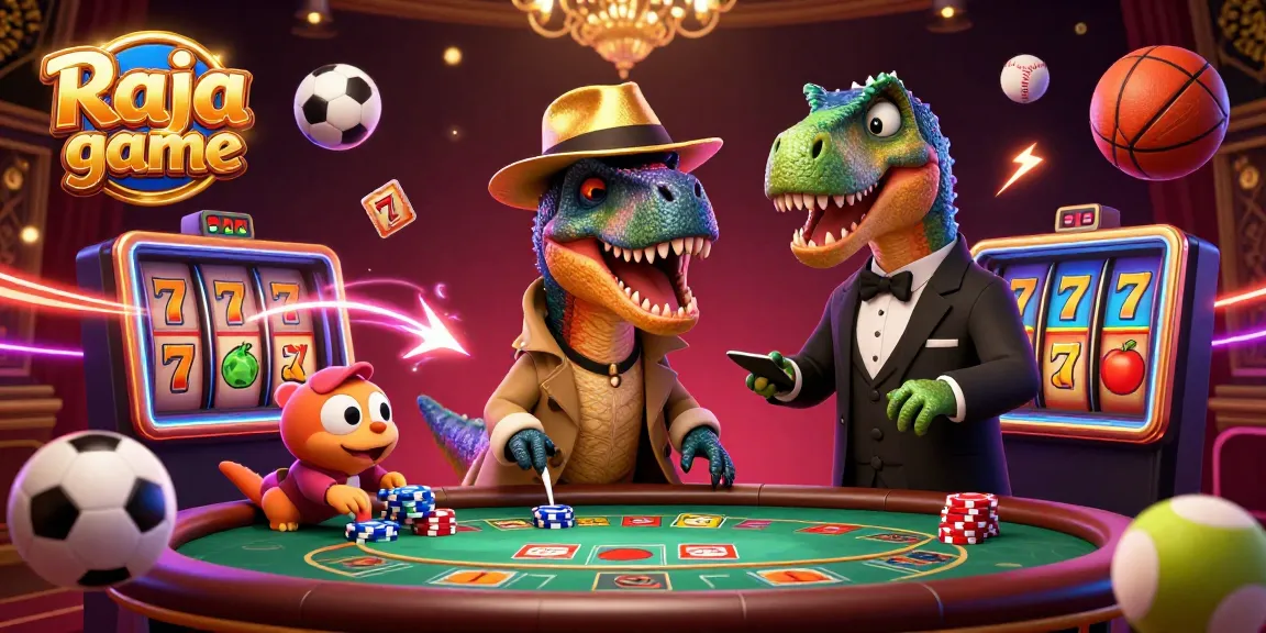 Engage in thrilling gameplay at Raja game with cartoon velociraptors and casino elements.