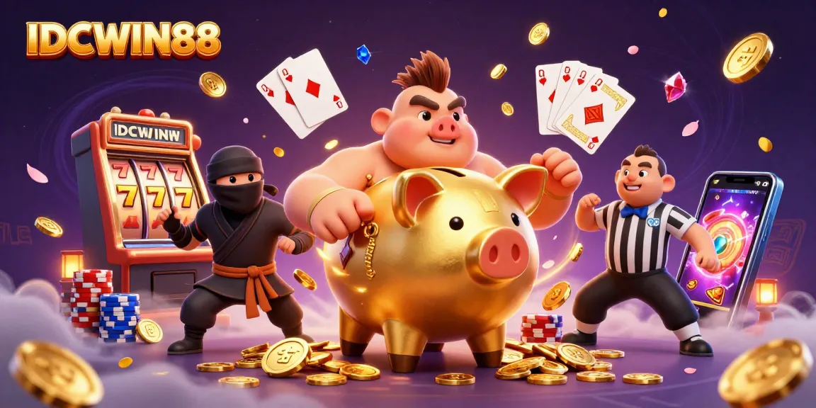 IDCWIN88 engages players with a dazzling 3D digital illustration featuring a golden piggy bank sumo wrestler and dynamic game elements.