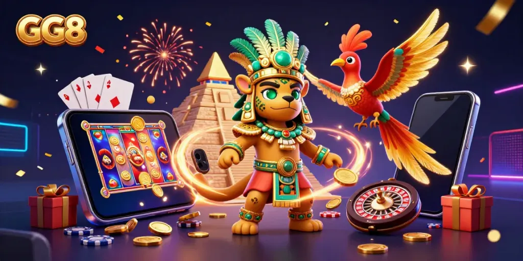 Experience exciting gambling action with GG8 in this vibrant 3D casino scene featuring stunning characters and game elements.