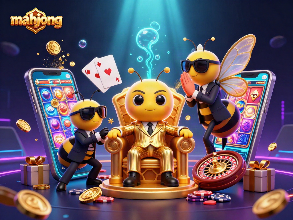 Play mahjong with animated bumblebee mob boss in an engaging casino scene.
