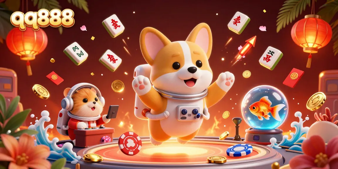 Experience thrilling gameplay at qq888 with a 3D cartoon astronaut corgi and exciting casino elements.