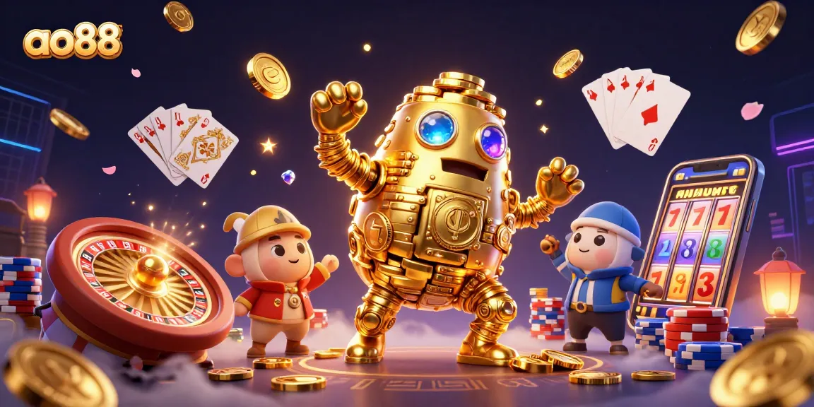 Engage in high-stakes gaming adventures with ao88, showcasing a dynamic golden golem amidst cascading coins and vibrant casino elements.