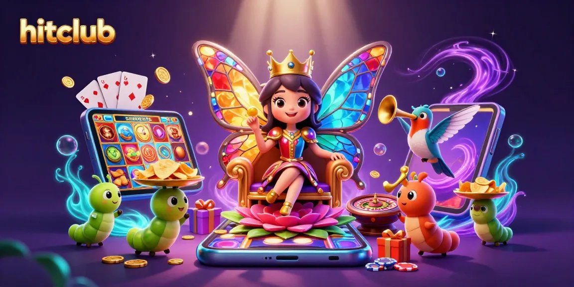 Hitclub offers a vibrant illustration with a butterfly queen in a casino-themed scene surrounded by gaming elements.
