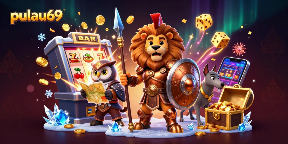 Play pulau69 with exciting slot machines and vibrant casino elements in this dynamic illustration.
