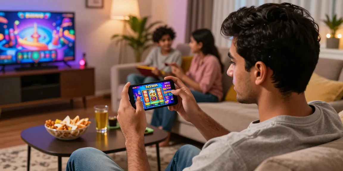 Engaged Pakistani player enjoying the 345win mobile game in a cozy living room, showcasing vibrant gaming graphics and a relaxed atmosphere.