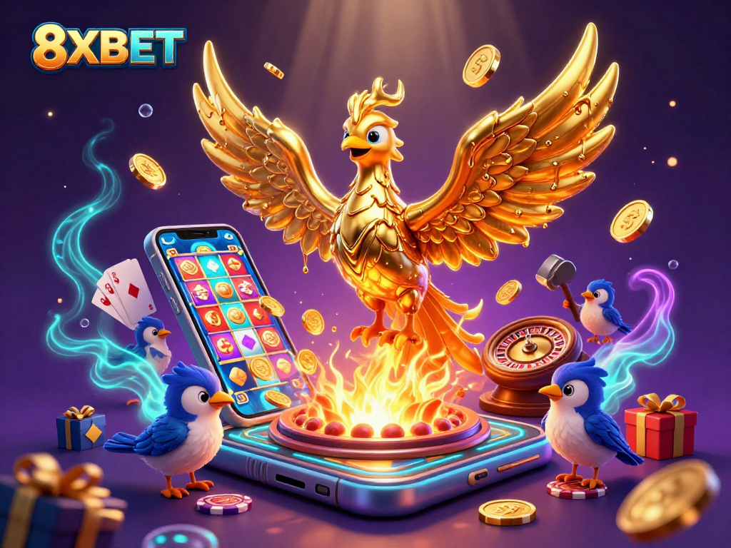 Experience thrilling games at 8XBET with a vibrant 3D illustration showcasing casino excitement.