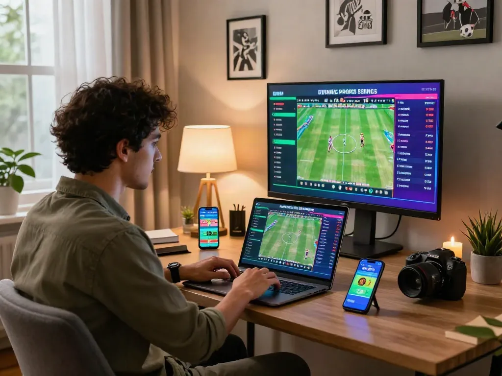 Engaged bettor using lotus365 for live cricket, football, and tennis betting in a vibrant home office.